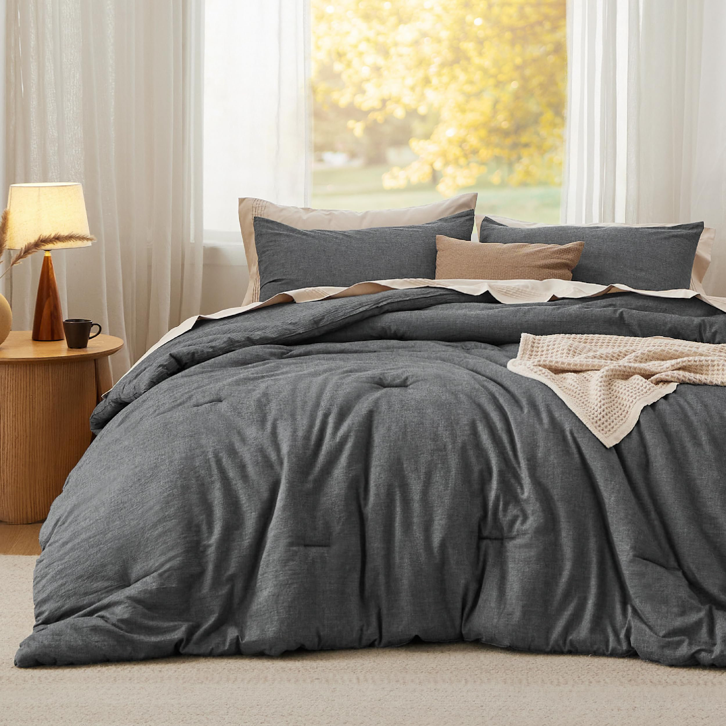 Bedsure Pre-Washed Comforter Set with 100% Cotton Outer Covert, 143TC Size: Queen Comforter + 2 Additional Pieces Color/Pattern: Quiet Shade, image size:2500x2500