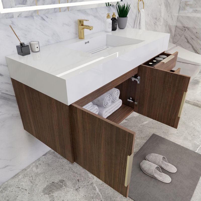 Ensemble de meuble-lavabo simple mural 48 po Glasgow, Blanc, Bois de rose