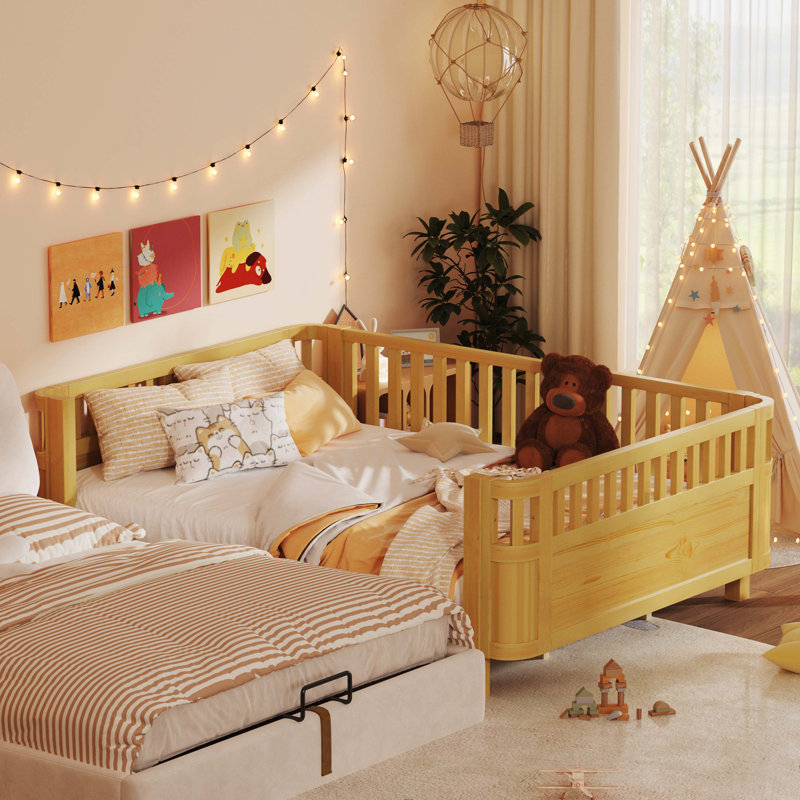 Queen-Sized Wooden Platform Bed, Low-Profile Wood Bed With Rails For Boys And Girls, Natural, Natural