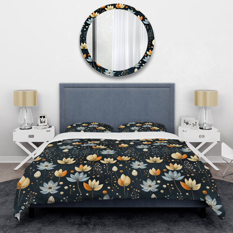 Meadow Black And Yellow Floral Pattern I Box Stitch Floral Duvet Cover, King Duvet Cover + 2 King Shams