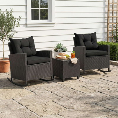 3-Piece All-Weather PE Rattan Patio Rocking Chair Bistro Set, 2 Smooth Glide Rocker Chairs With Removable Washable Soft Padded Cushions, Scratch-Resistant Tempered Glass Side Table