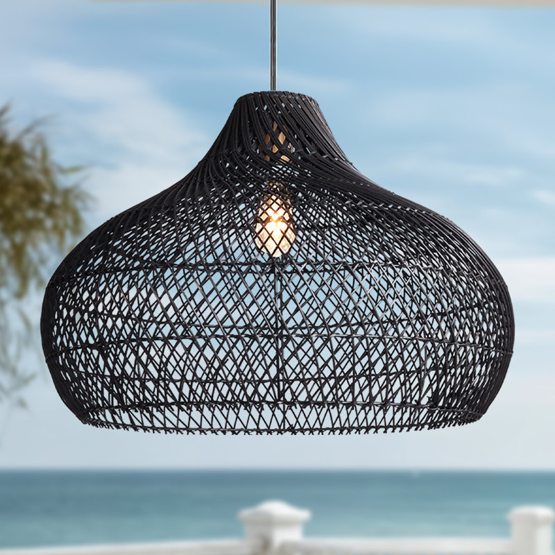 Latigo Outdoor Rattan Pendant Light - 24" Black Dome 1-Light Polished Handwoven Adjustable Light Fixture For Patio, Porch & Entryway in Modern, Traditional, Boho & Coastal Style