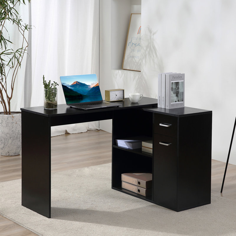 Bureau d'ordinateur en L, bureau d'angle rotatif à 180 ° avec tablettes de rangement, tiroir et armoire, poste de travail d'étude pour bureau à domicile