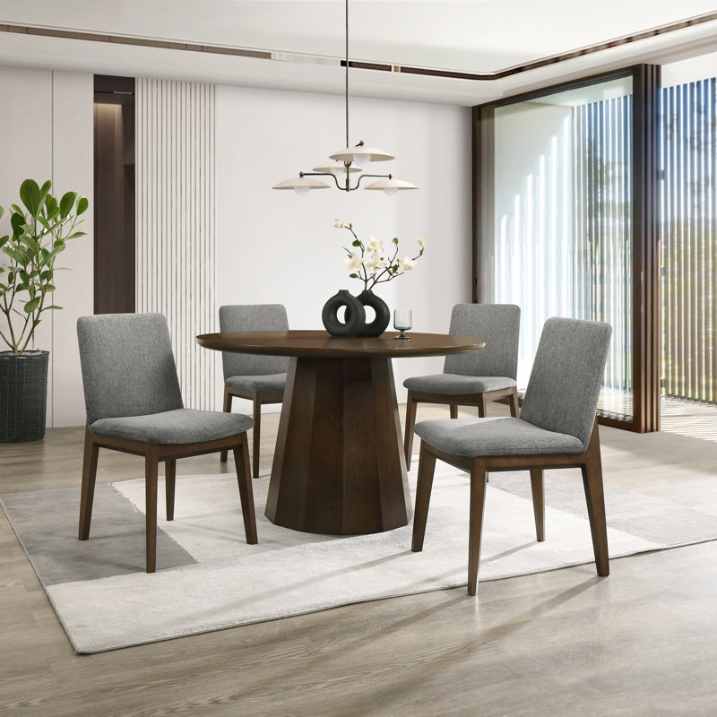 5-Piece Round Dining Table Set, Seats 4, 47.2" Oak Pedestal Table & 4 Charcoal Tall-Back Upholstered Chairs