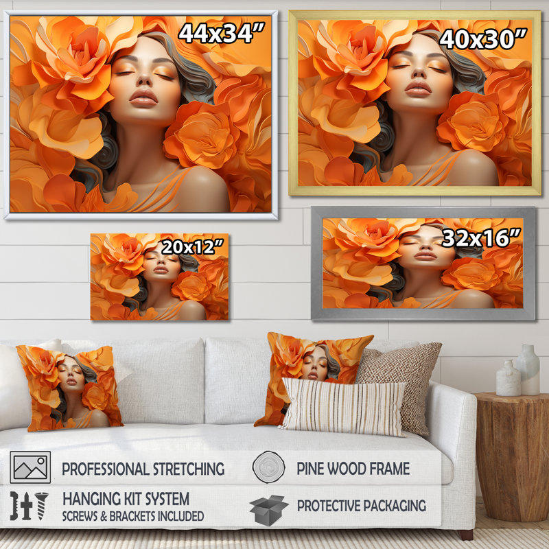Portrait de femme orange avec fleurs Bloom I - art mural mode, Cadre doré à coins fermés, H 30 po x l 40 po x P 1,5 po