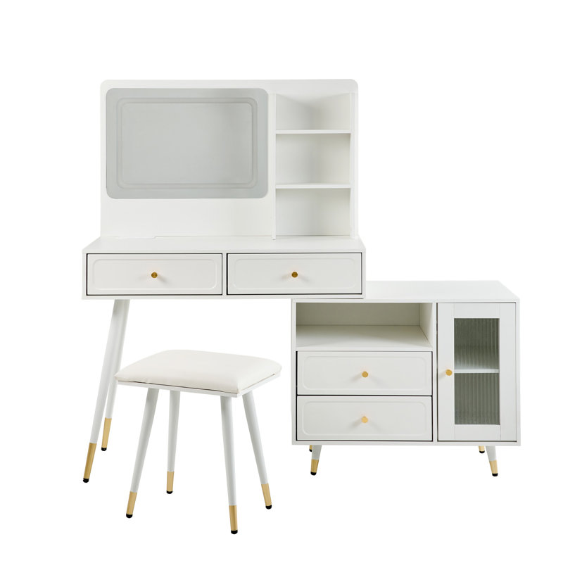 Modern Makeup Vanity Desk with Mirror and Lights, Compact Makeup Table Set, White