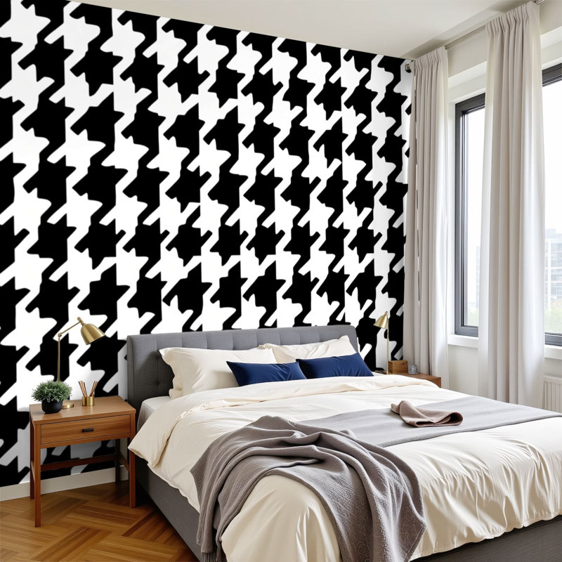 Papier peint adhésif noir et blanc Houndstooth, L 144 po x l 100 po