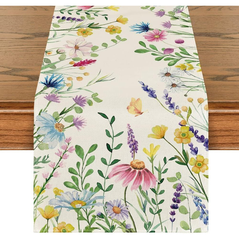 Daisy & Lavender Table Runner  - Summer/Spring, Floral & Eucalyptus Design, Kitchen & Dining Decor, 10" L x 8" W, Beige