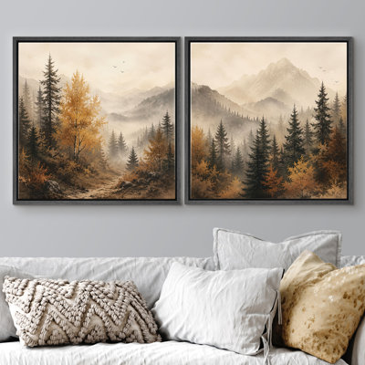 Misty Mountain Pine Forest with Warm Autumn Trees and Rustic Nature, ensemble de 2 reproductions d'art encadrées