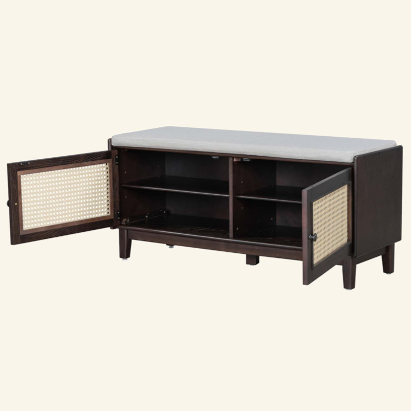 Banc d'entrée en rotin avec rangement Boho, banc à chaussures rembourré avec portes doubles, banc de rangement en bois