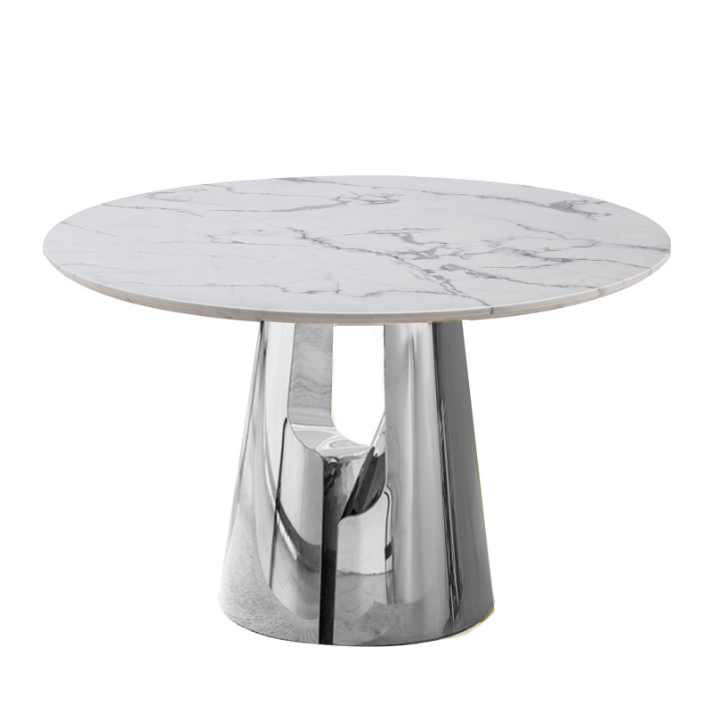 45" Round Marble Dining Table For 4-6, Modern White Faux Marble Kitchen Dining Room Table With Stainless Steel Cross Legs, Luxury Round Dinner Table For Kitchen Dining Room