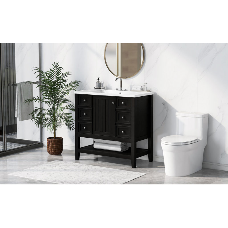 Shamora 36'' Single Bathroom Vanity with Solid Wood+MDF Top, Black