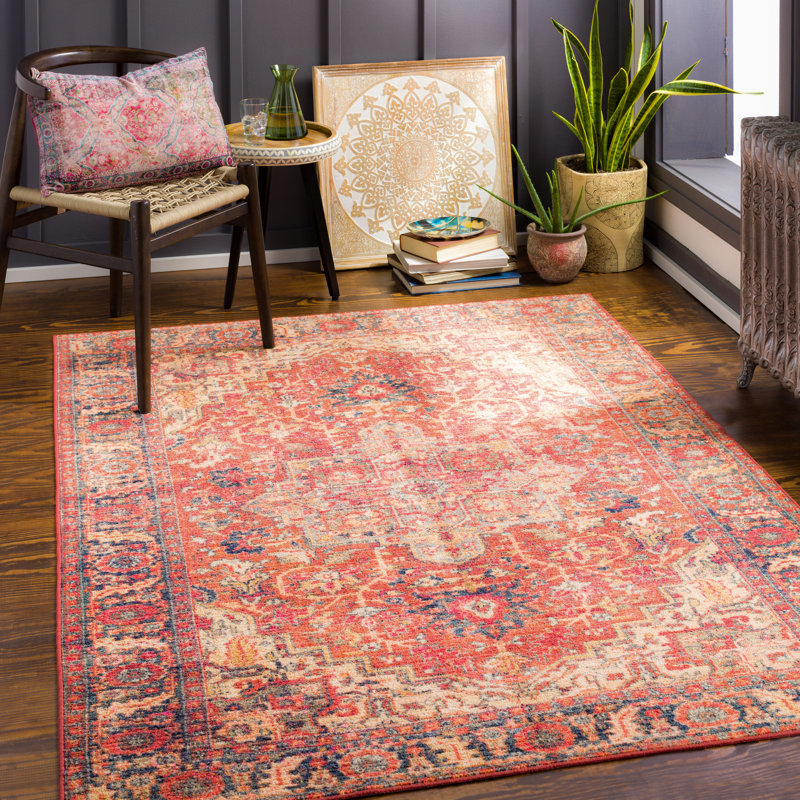 Tapis oriental rouge / rouge brique lavable à la machine Finessa, Rectangle 4 pi 3 po x 5 pi 11 po