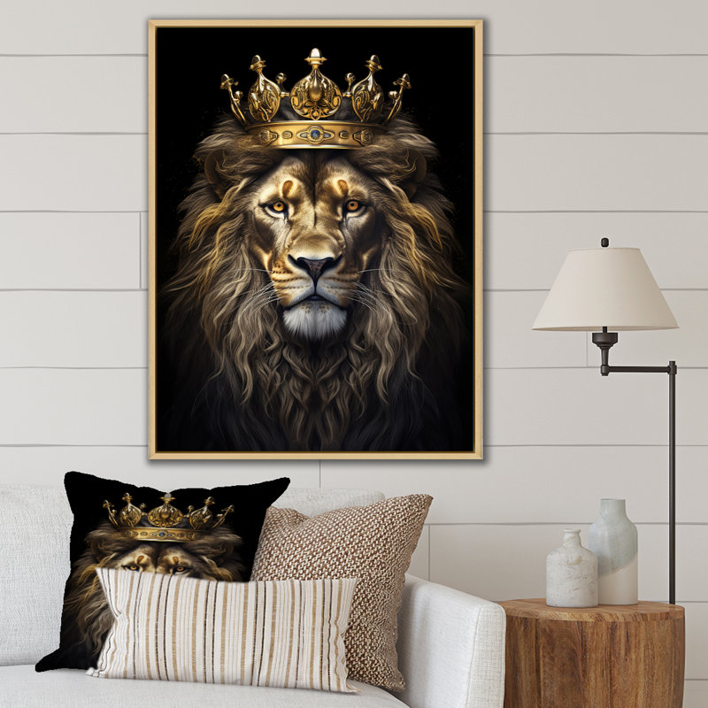 Majestic lion royal avec couronne d'or I - impressions sur toile de lion, H 32 po x l 16 po x P 1 po, Cadre flottant érable
