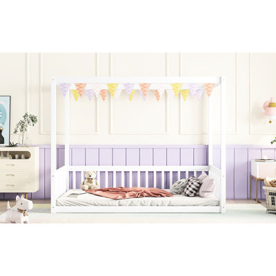 Lit de plancher avec structure à baldaquin et garde-corps, taille double, blanc - pin durable pour des garde-corps de taille A