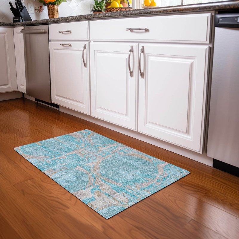 Premium Machine Washable Prisco Teal Rug, Rectangle 1'8" x 2'6"