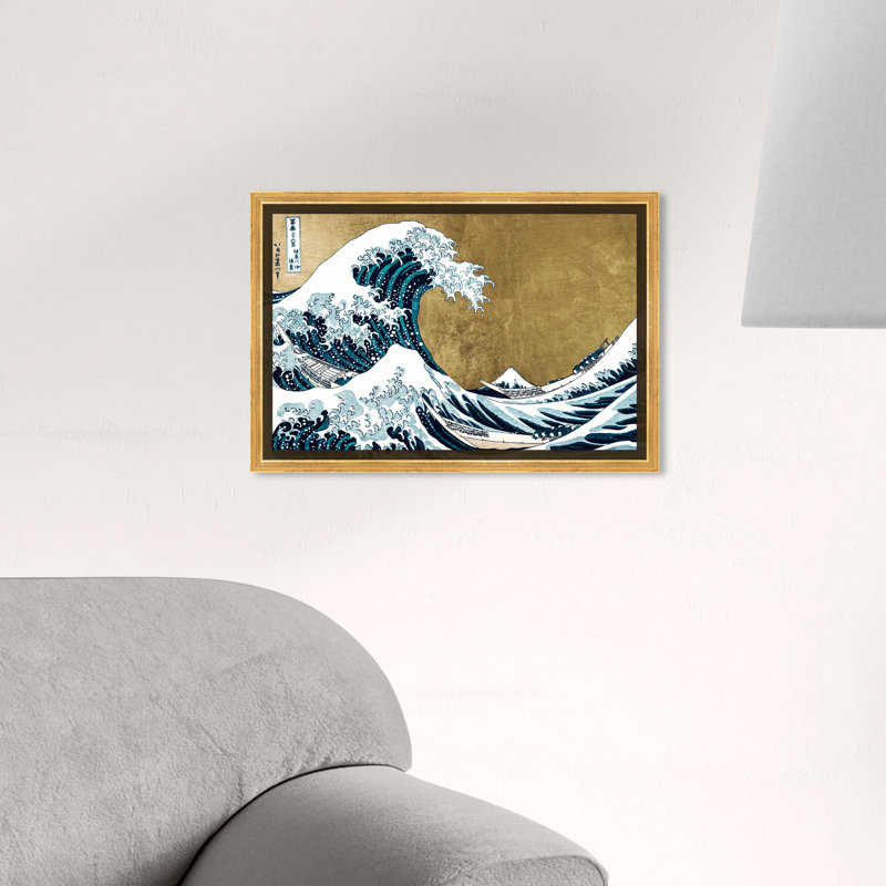 Nautique et côtier, la grande vague d'or - impression d'art graphique, Encadrement doré, H 30 po x l 45 po x P 1,5 po