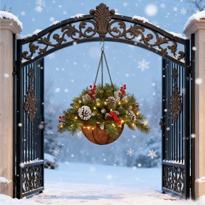 1Pcs Artificial Christmas Hanging Baskets Outdoor Decor with Frosted Pine Cones Berry Clusters Hanging Basket with LED String Lights for Porch Indoor Garden Patio Lawn