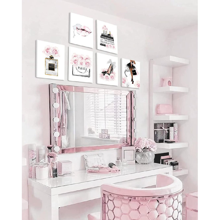 Glamour Pink Flower Perfume Canvas Wall Art Women Flower Eyelash