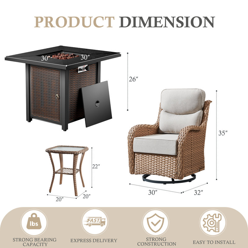 Ensemble de conversation extérieur en osier pour 4 personnes avec canapé, fauteuils pivotants, table d'appoint et foyer.