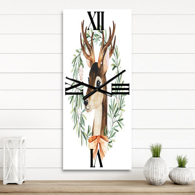 Deer with Floral Wreath Isolated on White - Farmhouse Wall Clock