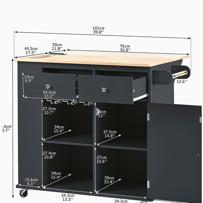 Avec îlot de cuisine avec prise de courant, avec couvercle rabattable et îlot de rangement en bois d'hévéa, support de rangement ouvert et porte-bouteilles de vin, 5 roues, rangement réglable, convient à la famille, à la cuisine et au restaurant, noir
