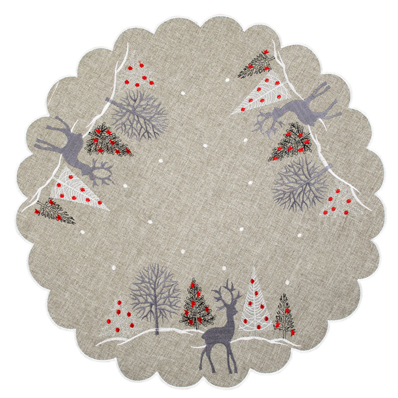 Jovonny Embroidered Reindeer Grey Table Topper, 23" Round