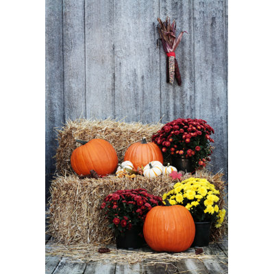 Pumpkins On Straw Bales by StephanieFrey - Wrapped Canvas Print