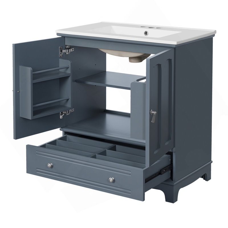Meuble-lavabo 30 po avec lavabo en céramique, meuble-lavabo à cadre en bois avec tablette réglable, tiroir avec cloison, pieds en bois