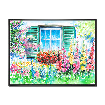 Géranium rouge devant une fenêtre bleue - peinture sur toile