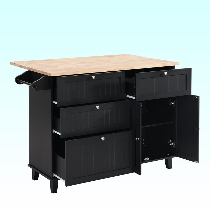 Solid Wood Top Kitchen Island Set, Black