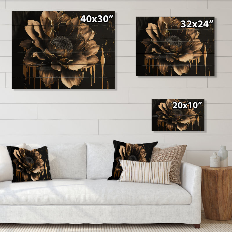 Dahlia noir et doré - impression sans cadre sur bois, H 24 po x l 32 po x P 1 po