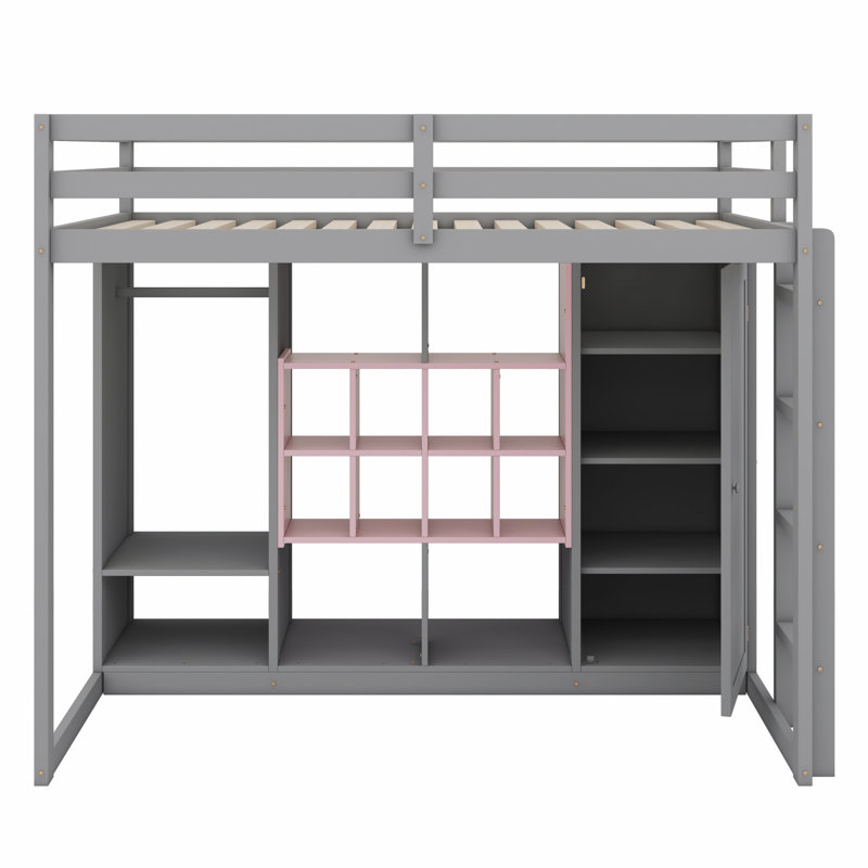 Wood Loft Bed With Wardrobe, Shelves And Cabinet, Gray, Twin