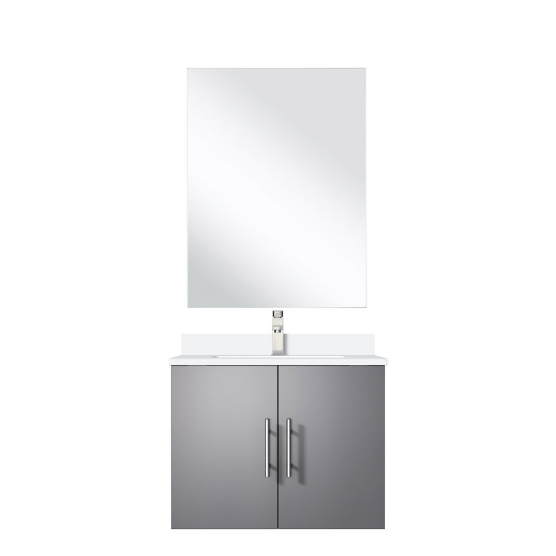 24 po L x P 22 po. Meuble-lavabo gris foncé, comptoir en quartz blanc, robinet et miroir de 18 po inclus