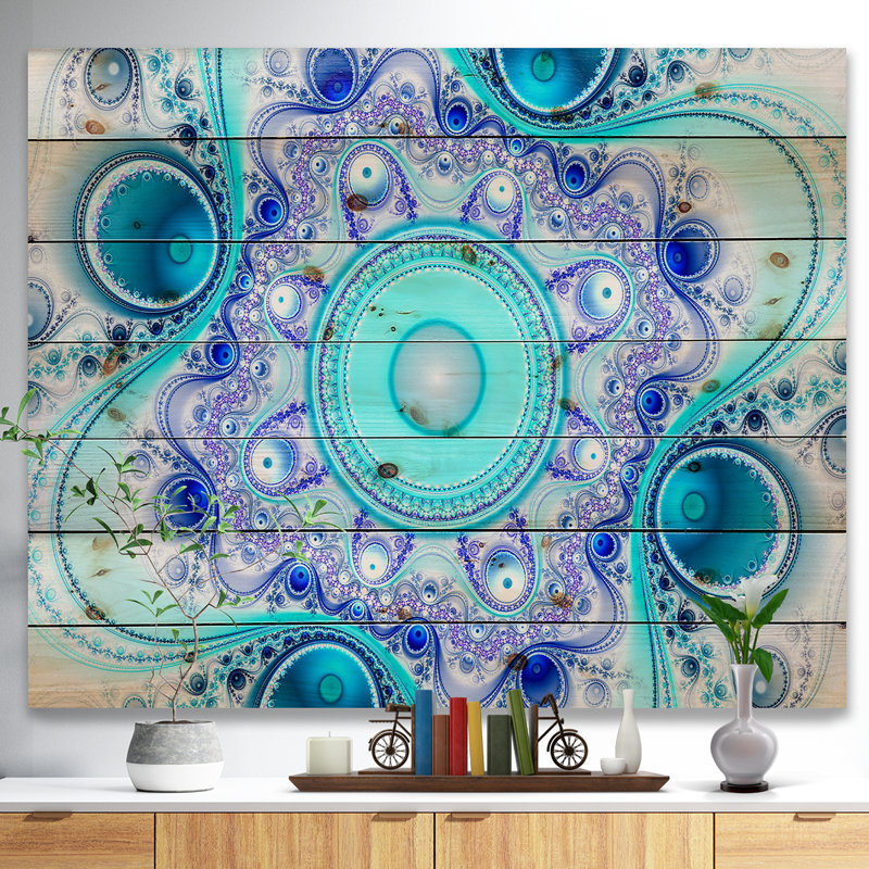 «Turquoise Wavy Curves and Circles», impression, H 30 po x l 40 po, Bois