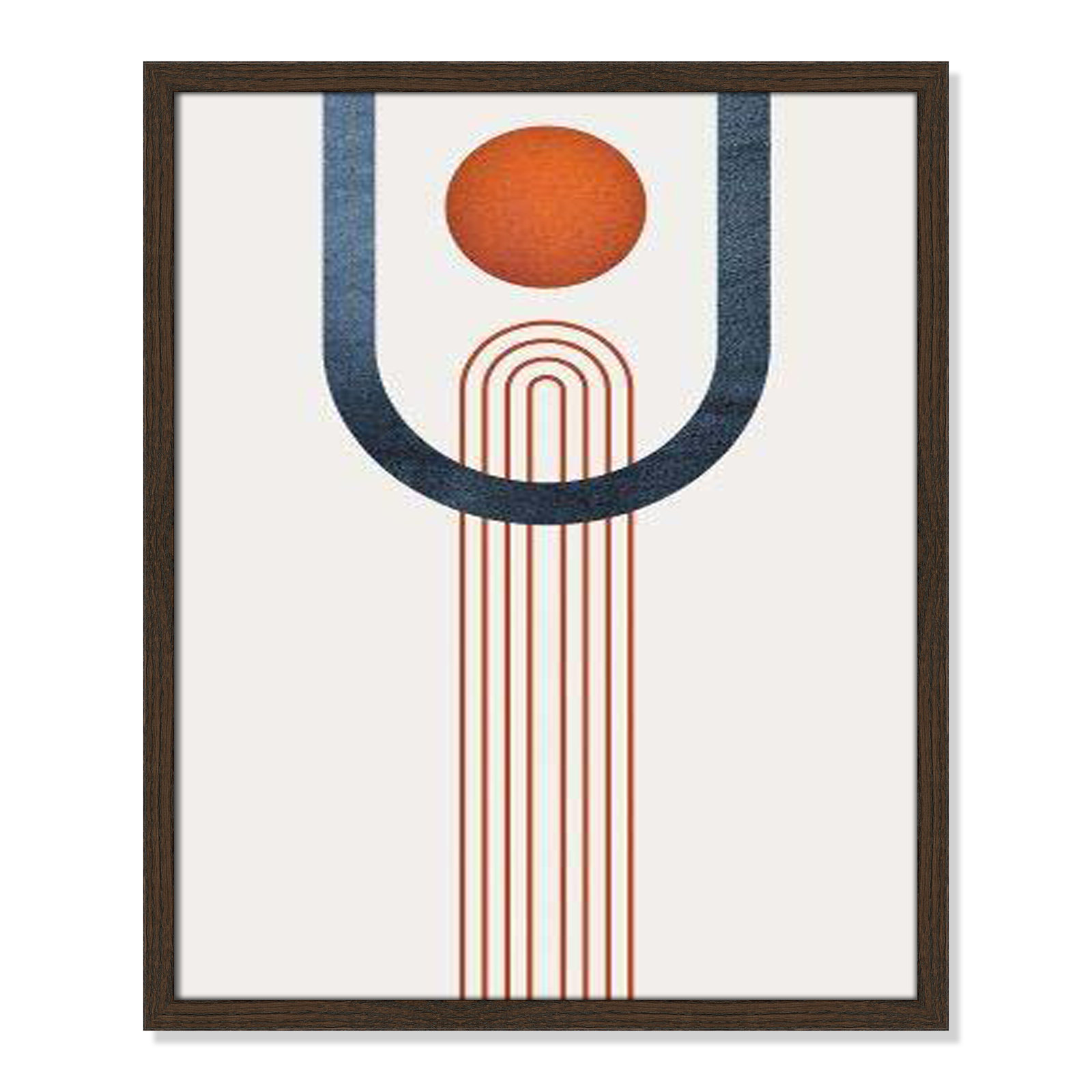 Minimalist Mid Century Orange Navy III By Urban Epiphany - Framed Art Full Bleed, 25.5" H x 21.5" W x 0.75" D, Walnut