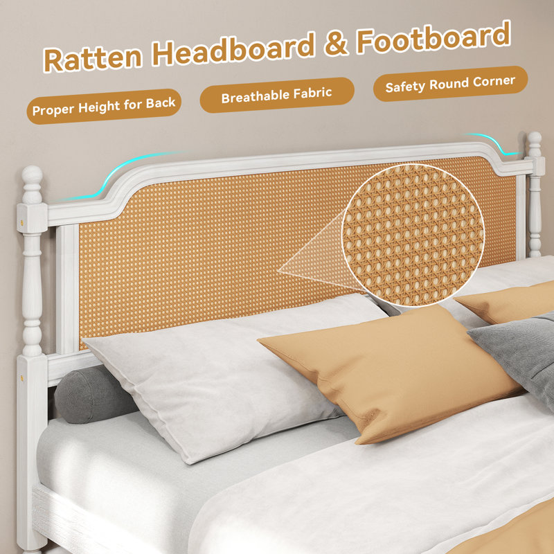 Platform Bed Frame with Natural Rattan Headboard and Footboard, Bohemian and Mid Century Style, Full, Brown/White