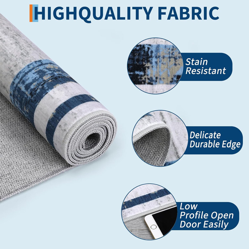 Washable Modern Distressed Edge Thin Indoor Rug, Low Pile Area Rug with Stain Resistant Surface, Non Slip Backing & Easy Clean for Living Room, Bedroom, Home Office, Entryway