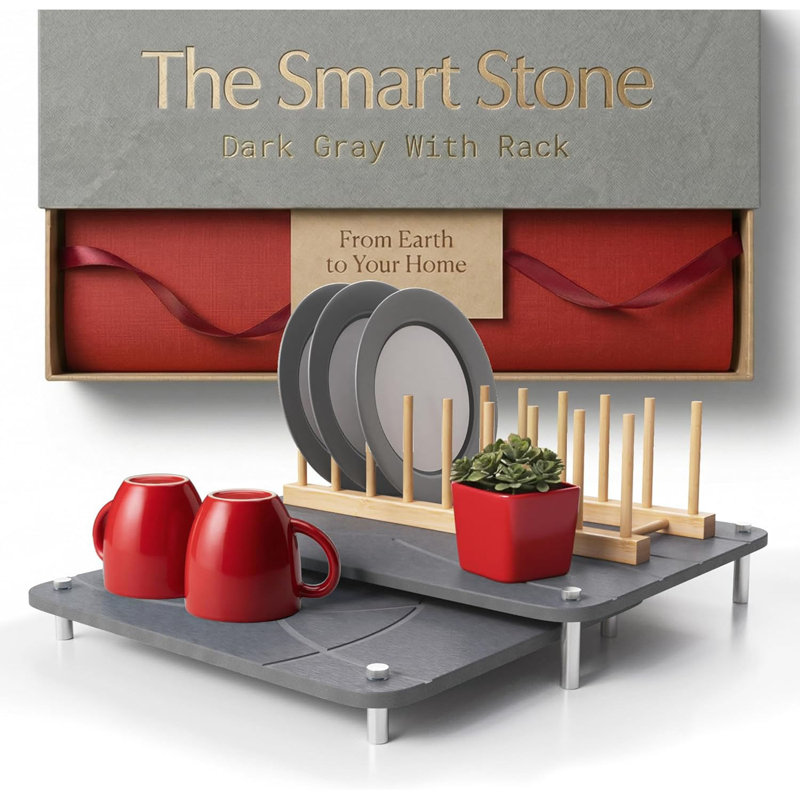 Nested Diatomite Dish Drying Mat Dark Gray, Expandable Counter Pad with Bamboo Storage Rack