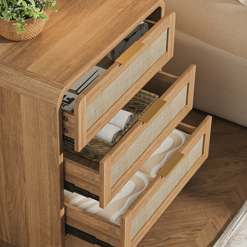 (Set of 2)Rattan Nightstand with Charging Station, Caramel B, 2