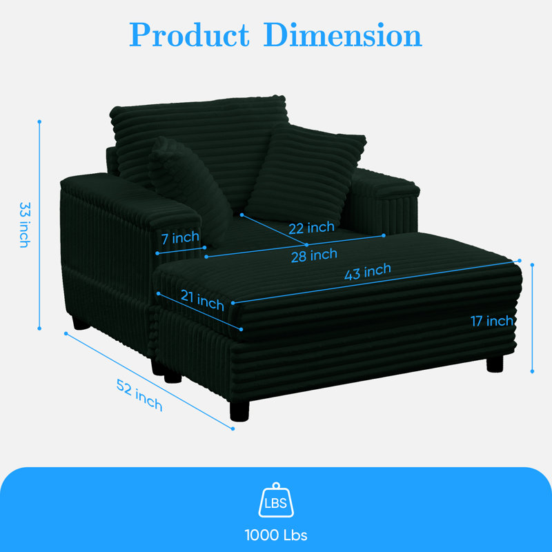 Méridienne surdimensionnée de 43 po avec repose-pieds de rangement en velours côtelé 2-en-1 Ebern Designs Ebern Designs, Vert