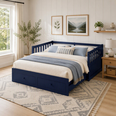 Twin to King Extendable Daybed with Pull-Out Trundle, Wood Convertible Bed Frame, Guardrails, Slat Support, and 2 Built-in Drawers, Easy Assembly, No Box Spring Needed