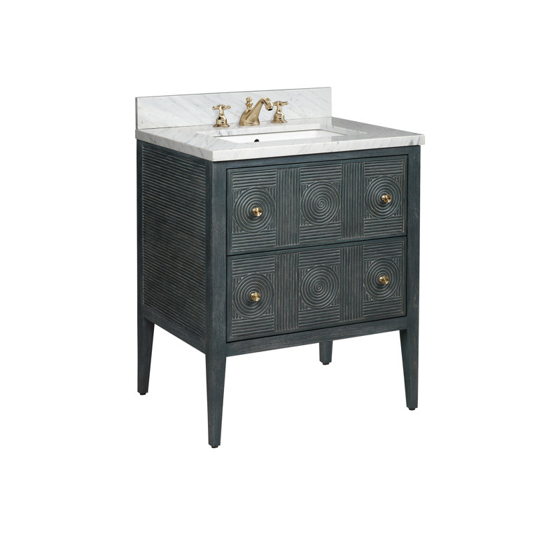 Santos 28" Center Single Bathroom Vanity with Vanity Top, Vintage Navy/Natural/Brushed Brass/Polished Nickel