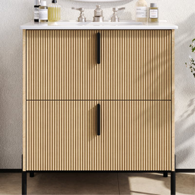Meuble-lavabo de 30 po, lavabo en céramique, tiroirs d'extension, glissières de tiroir encastrées à fermeture en douceur, conception cannelée, esthétique naturelle, décor, fonction de rangement optimale, meuble-lavabo de 30 po avec lavabo, couleur -
