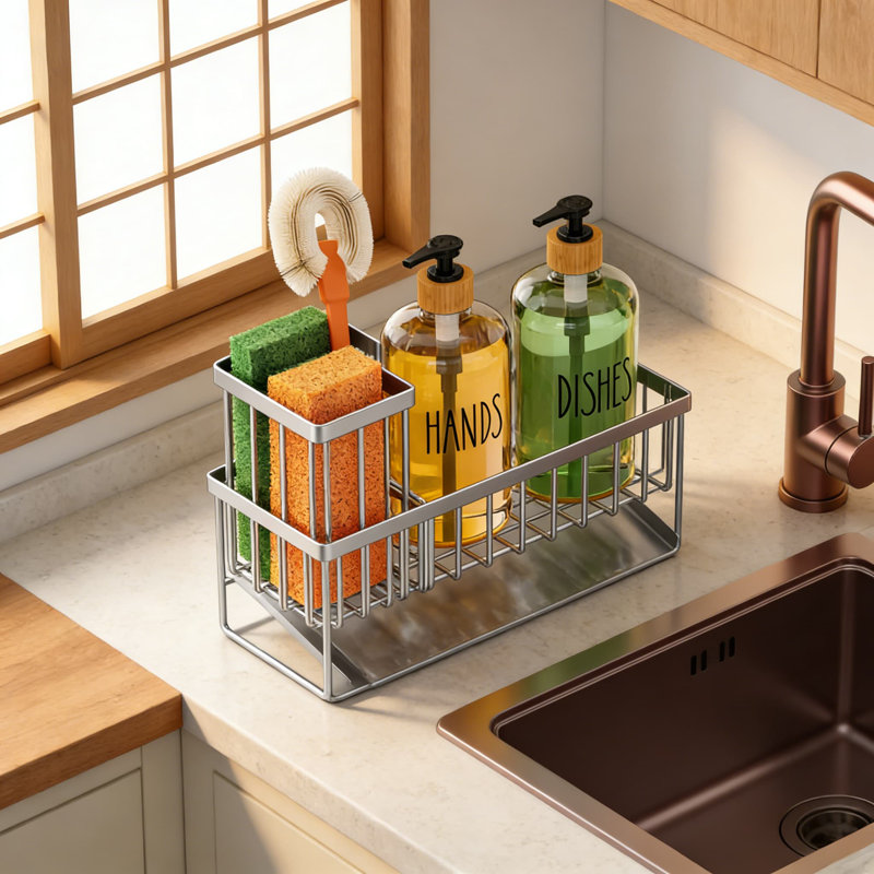 Kitchen Soap Dispenser Set With Stainless Steel Sponge Holder And Glass Bottles, Bamboo Pump Heads, And Beveled Drain For Sink Organization