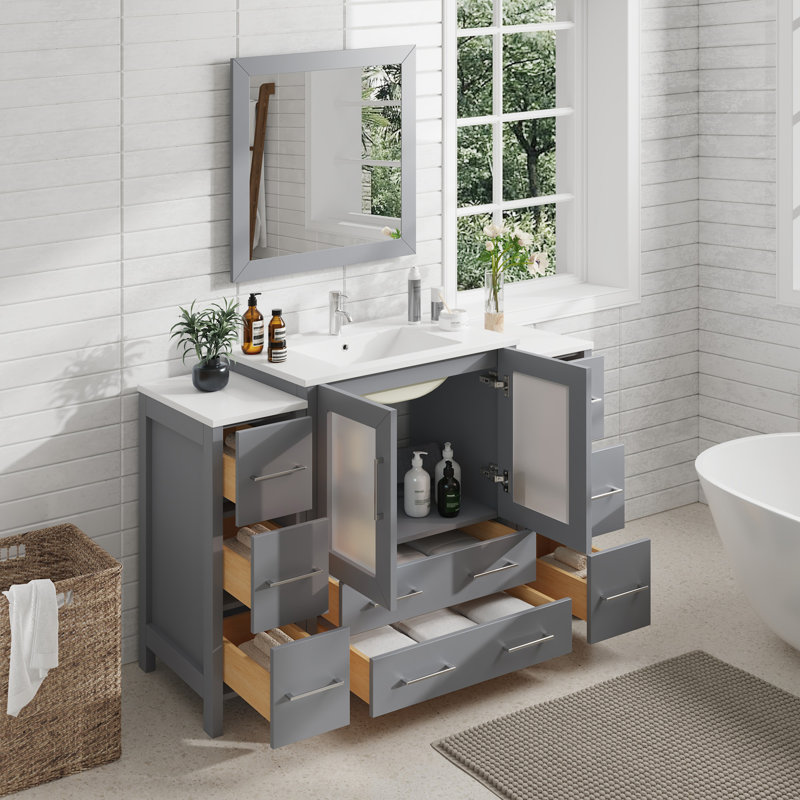 Brescia 54" Single Sink Freestanding Bathroom Vanity with Ceramic Top and Matching Mirror, Gray