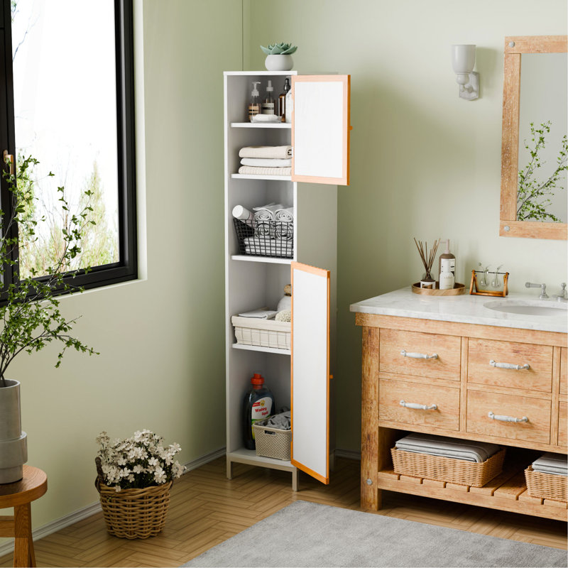 Bathroom Tall Storage Cabinet With Bamboo Slats Door