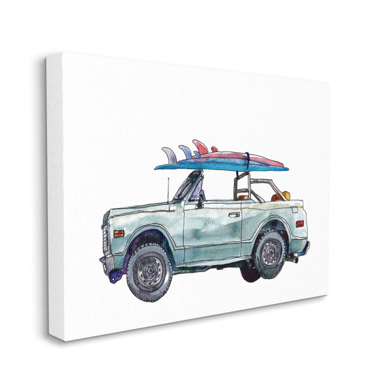 Reproduction d’art graphique sur bois minimaliste Retro Beach Cruiser avec planche de surf, H 30 po x l 40 po x 1,5 po