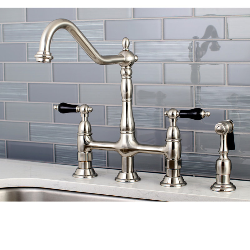 Kingston Brass Duchess Two-Handle 4-Hole Deck Mount Bridge Kitchen Faucet with Brass Side Sprayer, Brushed Nickel