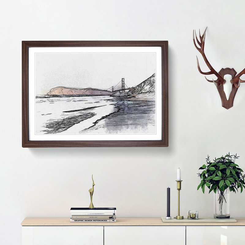 Golden Gate Bridge in San Francisco - Picture Frame Graphic Art Print, 36cm H x 48cm W x 2cm D, Walnut Framed